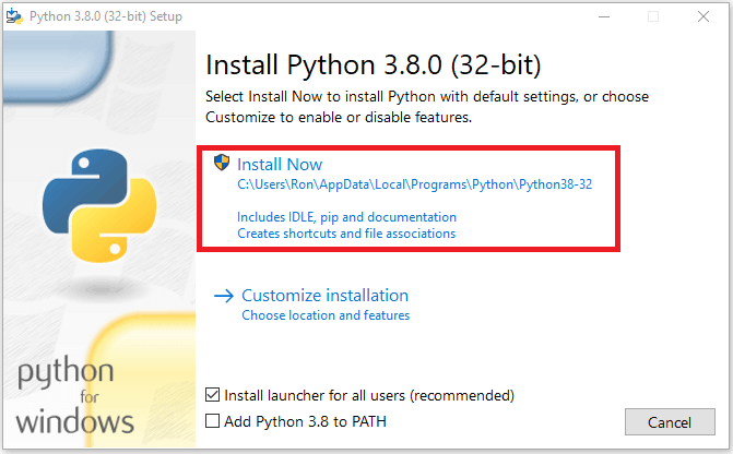 how to install python 3.8 on windows installation dialog